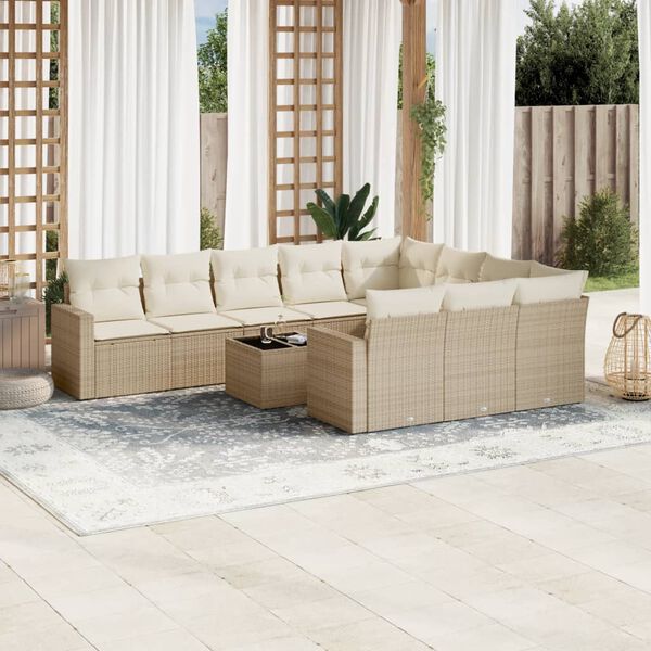 vidaXL 11-delige Tuinset met kussens poly rattan beige