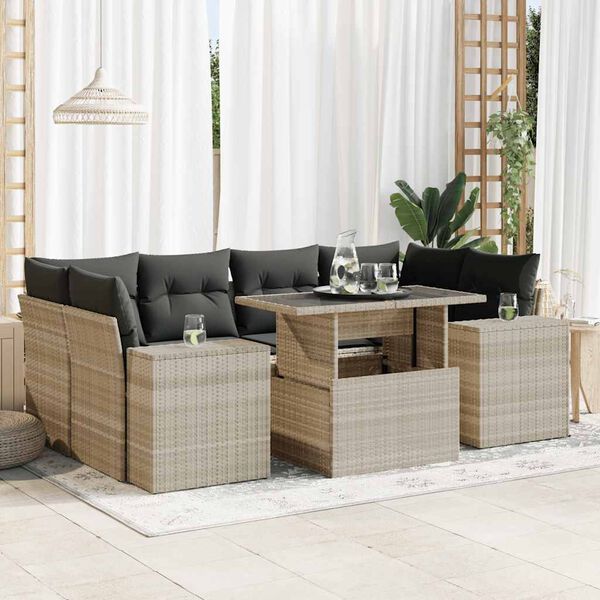 vidaXL 7-delige Loungeset met kussens poly rattan lichtgrijs
