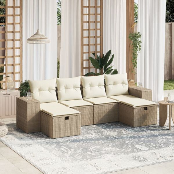 vidaXL 6-delige Loungeset met kussens poly rattan beige