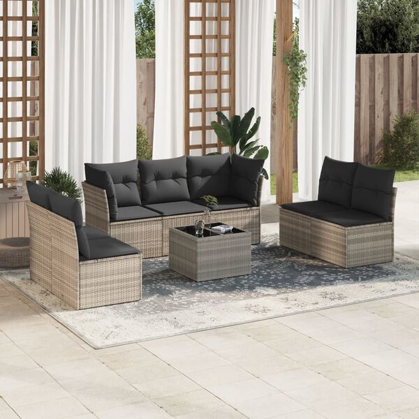 vidaXL 8-delige Loungeset met kussens poly rattan lichtgrijs