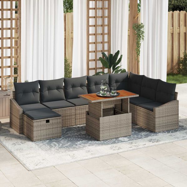 vidaXL Tuinbankenset met kussen met opslag 9 pcs Grijs poly rattan