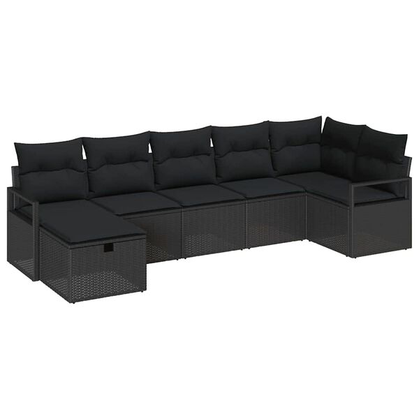 vidaXL Bankstel met kussen met opslag 7 pcs Zwart poly rattan