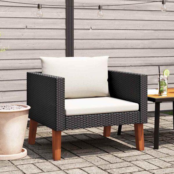 vidaXL Tuinbank eenzits met kussens poly rattan zwart