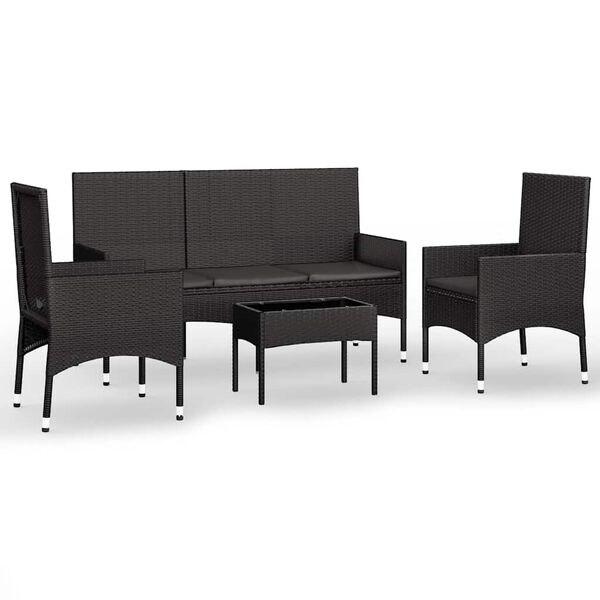 vidaXL 4-delige Loungeset met kussens poly rattan zwart
