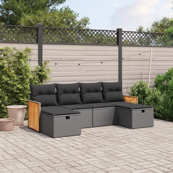 vidaXL 6-delige Loungeset met kussens poly rattan zwart