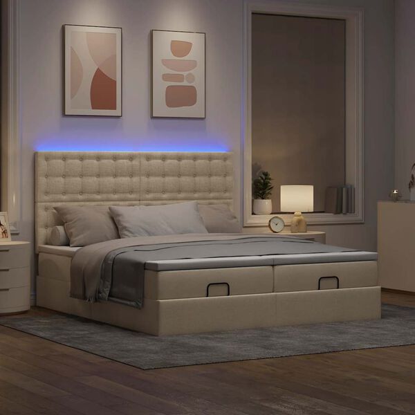 vidaXL Ottoman bed met matrassen en LED's 200x200cm stof cr&egrave;mekleurig