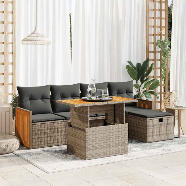 vidaXL 6-delige Loungeset met kussens poly rattan grijs