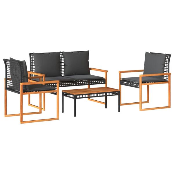 vidaXL 4-delige Loungeset met kussens poly rattan zwart