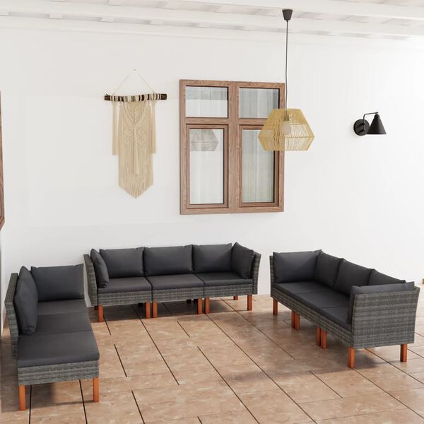 vidaXL 9-delige Loungeset met kussens poly rattan grijs