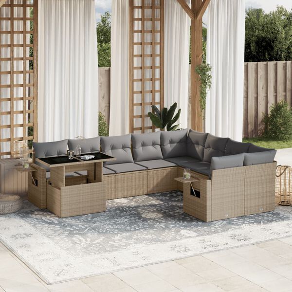 vidaXL 10-delige Loungeset met kussens poly rattan beige