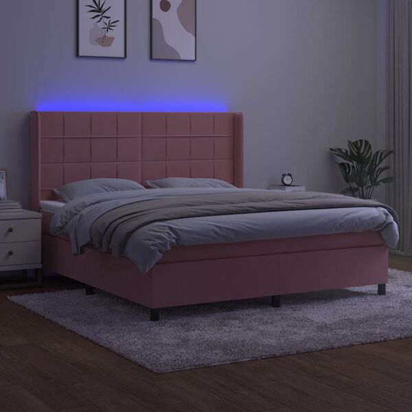 vidaXL Boxspring met matras en LED fluweel roze 160x200 cm