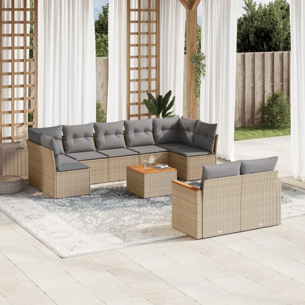 vidaXL 10-delige Loungeset met kussens poly rattan gemengd beige