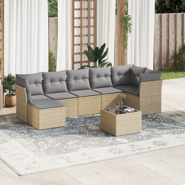 vidaXL 8-delige Loungeset met kussens poly rattan beige