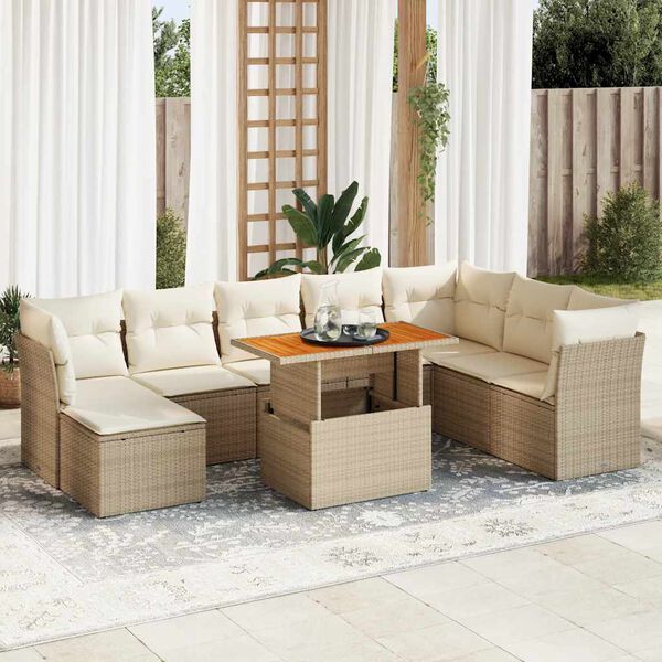 vidaXL 9-delige Loungeset met kussens poly rattan beige