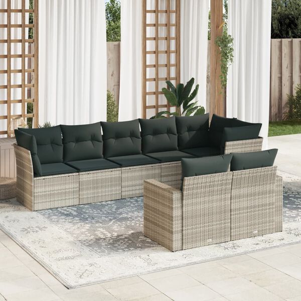 vidaXL 8-delige Loungeset met kussens poly rattan lichtgrijs