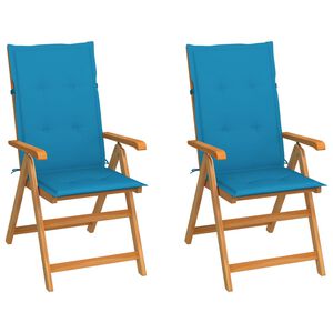 vidaXL Set van 2 klapstoelen met blauwe kussens, gemaakt van massief teakhout.