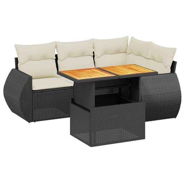 vidaXL 5-delige Loungeset met kussens poly rattan zwart