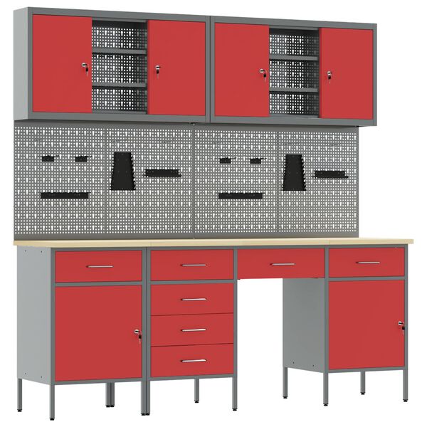 vidaXL Werkbank met lade met slot 10 pcs Rood 200 x 55 x 200 cm Staal