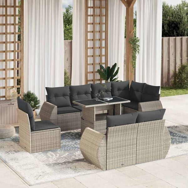 vidaXL 9-delige Loungeset met kussens poly rattan lichtgrijs