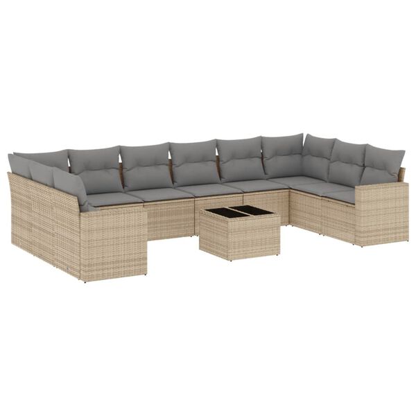 vidaXL 11-delige Tuinset met kussens poly rattan beige