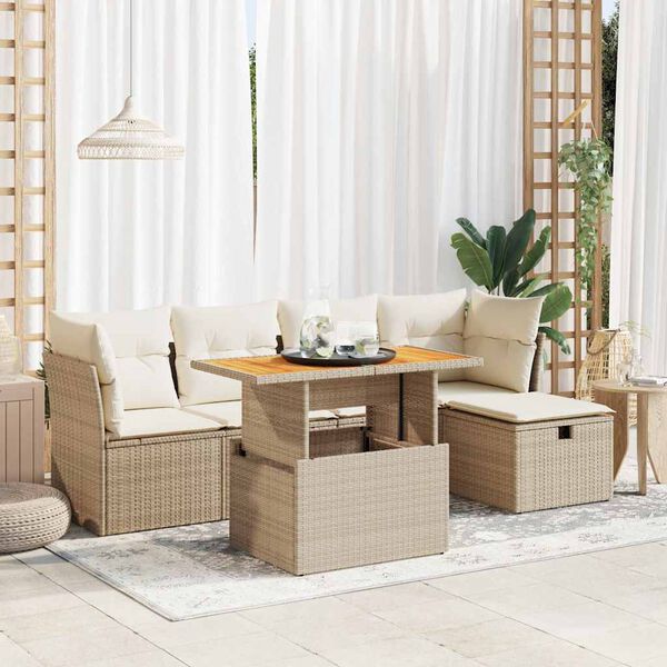 vidaXL 6-delige Loungeset met kussens poly rattan acacia beige