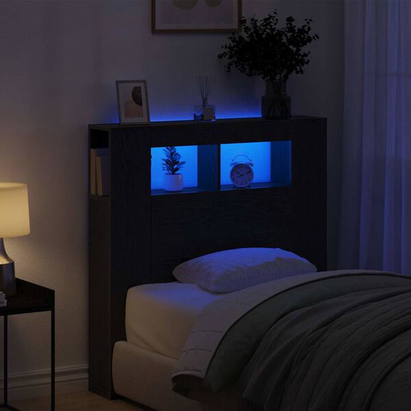 vidaXL LED Hoofdbord Zwart Eiken 100 x 18,5 x 103,5 cm Bewerkt hout