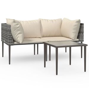 vidaXL 3-delige Loungeset met kussens poly rattan grijs
