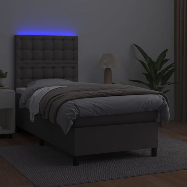 vidaXL Boxspring met matras en LED kunstleer grijs 90x190 cm