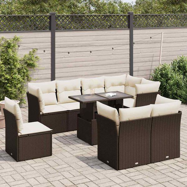 vidaXL 9-delige Loungeset met kussens poly rattan bruin