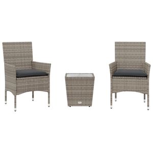 vidaXL 3-delige Bistroset met kussens poly rattan en glas grijs