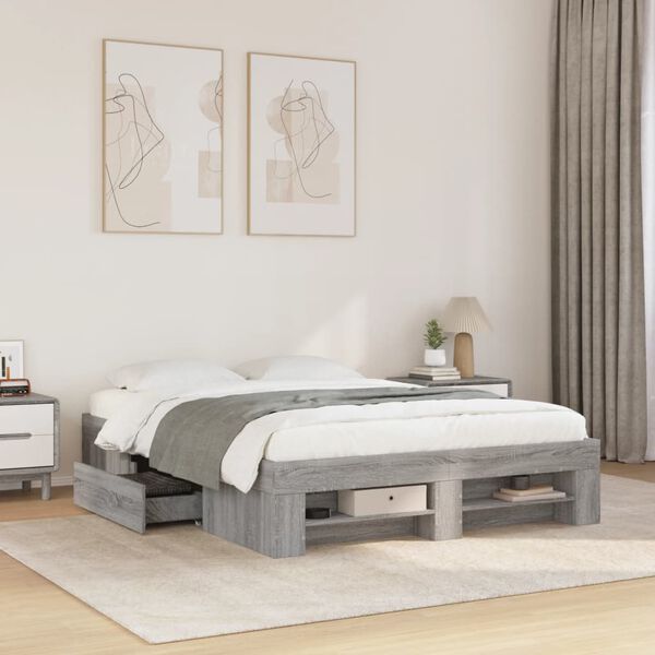vidaXL Bedframe bewerkt hout grijs sonoma eikenkleurig 135x190 cm