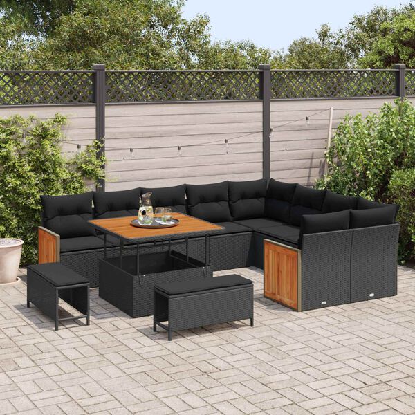 vidaXL Tuinbankenset met kussen 13 pcs Zwart poly rattan