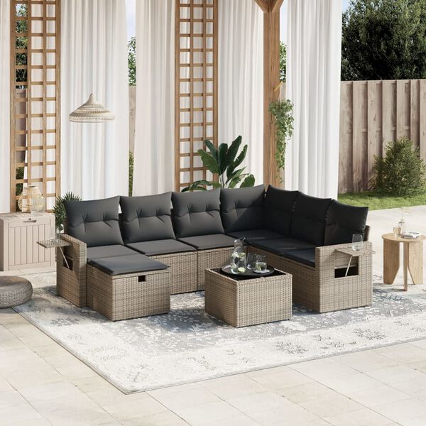 vidaXL 8-delige Loungeset met kussens poly rattan grijs