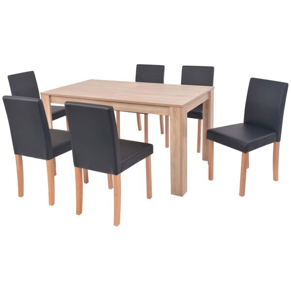 vidaXL Eettafel met stoelen kunstleer en eikenhout zwart 7 st