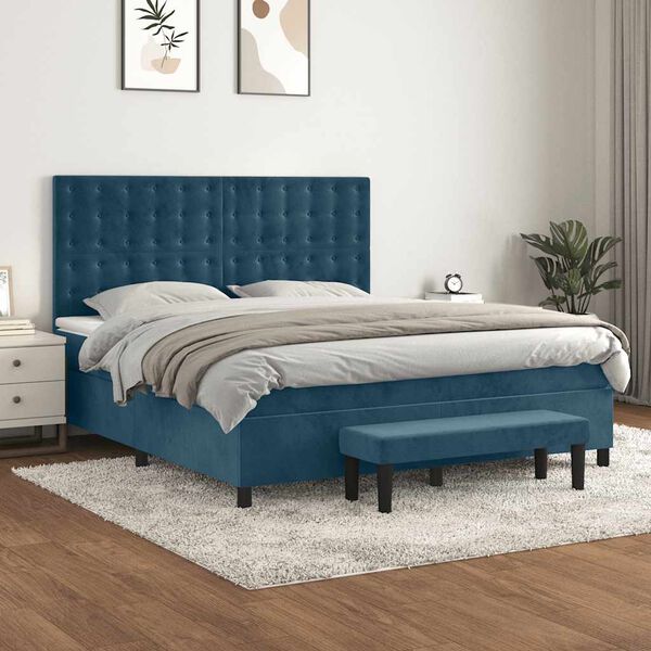vidaXL Boxspring met matras fluweel donkerblauw 160x200 cm