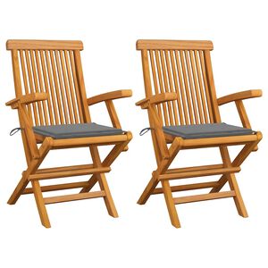 vidaXL Opklapbare stoelen met grijze kussens, 2 stuks, massief teakhout