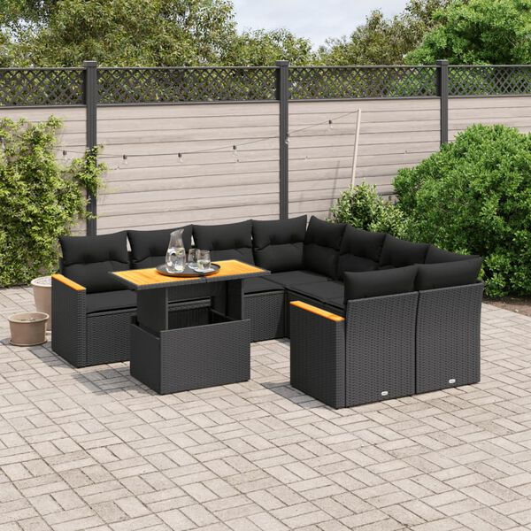 vidaXL 9-delige Loungeset met kussens poly rattan zwart