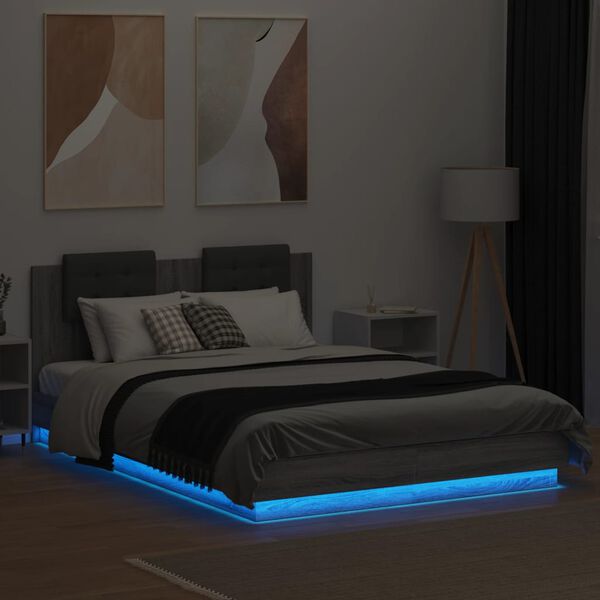 vidaXL Bedframe met hoofdbord en LED grijs sonoma eiken 150x200 cm