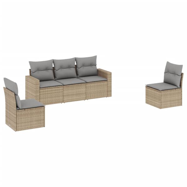 vidaXL 5-delige Loungeset met kussens poly rattan beige