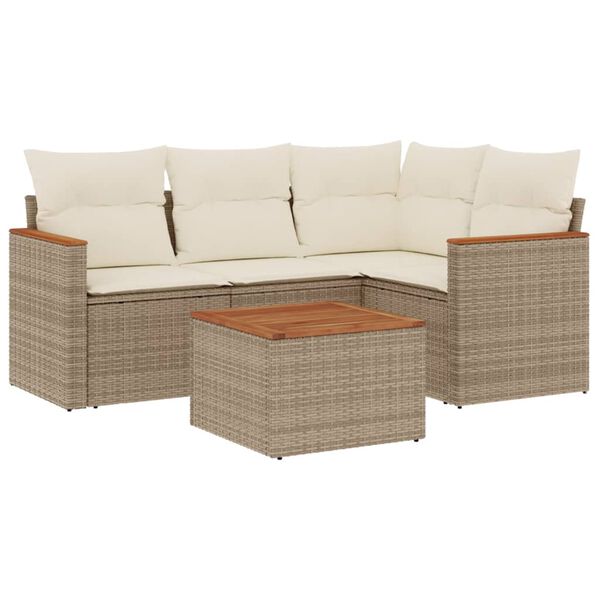vidaXL 5-delige Loungeset met kussens poly rattan beige