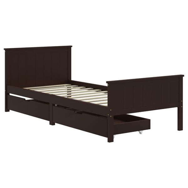 vidaXL Bedframe met 2 lades 100x200 cm massief grenenhout donkerbruin