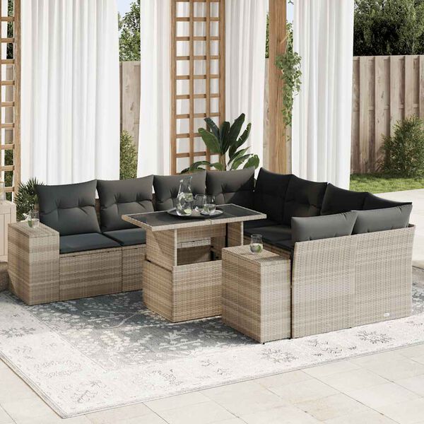 vidaXL 9-delige Loungeset met kussens poly rattan lichtgrijs