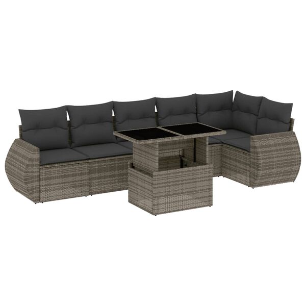 vidaXL 7-delige Loungeset met kussens poly rattan grijs