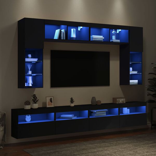 vidaXL 8-delige Tv-wandmeubelset met LED-verlichting zwart