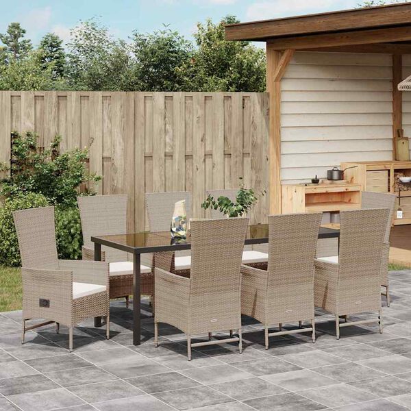 vidaXL Tuin eettafelset met kussen 9 pcs Beige poly rattan