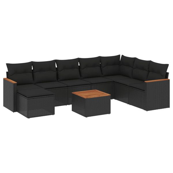 vidaXL 9-delige Loungeset met kussens poly rattan zwart