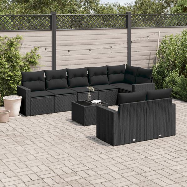 vidaXL 9-delige Loungeset met kussens poly rattan zwart