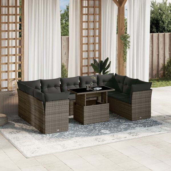 vidaXL 10-delige Loungeset met kussens poly rattan grijs