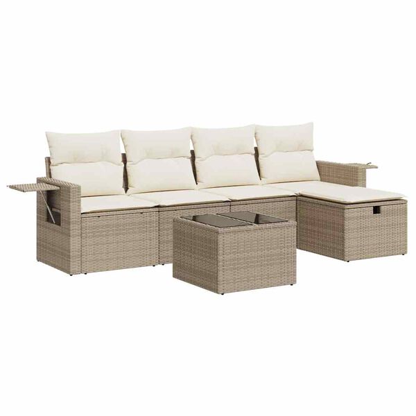vidaXL 6-delige Loungeset met kussens poly rattan beige