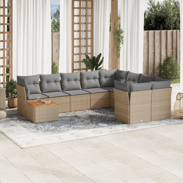 vidaXL 10-delige Loungeset met kussens poly rattan beige